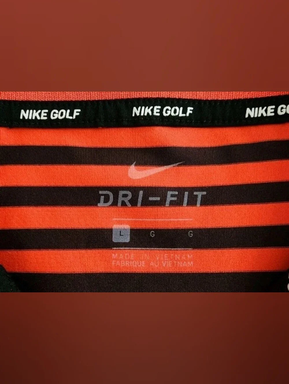 Nike Dri-Fit Mens L Golf Polo Shirt Orange Black Striped Short Sleeve
